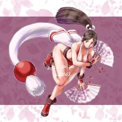 1girls ball barely_clothed bending_forward bent_forward big_breasts big_breasts big_butt brown_eyes brown_hair cleavage fan female flower_petals gloves hair_ornament human king_of_fighters leg_up legs light-skinned_female light_skin long_hair mai_shiranui petals shoes tail thick_thighs thighs tied_hair wide_hips