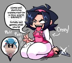 boyfriend_(friday_night_funkin) friday_night_funkin knife nene_(newgrounds) newgrounds opis overalls patting_lap pico's_school sharp_teeth teasing text thighs tongue tongue_out zepiereite