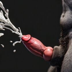 1boy ai_generated anthro anthro_only balls big_penis canine canine_penis close-up cum cumshot ejaculation erect_penis erection excessive_cum fur furry furry_male grey_fur hi_res knot large_penis male nude nude_anthro nude_male penis semen solo solo_anthro solo_male stable_diffusion