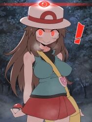 ! 1girls alpha_pokémon alpha_pokemon bag breasts brown_hair female female_only game_freak glowing_red_eyes kurachi_mizuki leaf_(pokemon) long_hair looking_at_viewer nintendo poke_ball pokeball pokemon pokemon_frlg red_eyes red_skirt skirt solo solo_female solo_focus sweat