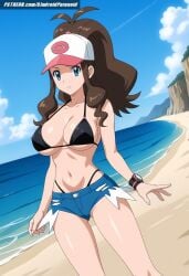 ai_generated aindroidparanoid baseball_cap beach big_breasts bikini blue_eyes breasts brown_hair cap cleavage covered_nipples denim_shorts hat hilda_(pokemon) hips huge_breasts large_breasts long_hair massive_breasts narrow_waist navel nipples outdoors pokemon pokemon_(species) pokemon_bw pokemon_trainer ponytail short_hair slim_waist stable_diffusion taller_girl thick_thighs tight_clothing voluptuous watch wavy_hair wide_hips