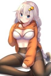 :t ahoge blue_eyes blush bra braid breasts brown_pantyhose cleavage closed_mouth clothes_lift commentary covered_navel drawstring female grey_hair hand_on_own_chest highres hood hood_down hoodie hoodie_lift kizuna_akari large_breasts lifting_own_clothes long_sleeves looking_at_viewer orange_hoodie panties panties_under_pantyhose pantyhose pout shun_(b.c) simple_background sitting sleeves_past_wrists solo star_(symbol) strapless strapless_bra thighband_pantyhose twin_braids underwear vocaloid voiceroid white_background white_bra white_pantyhose yokozuwari