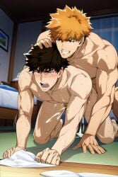 ai_generated bara black_hair black_hair_bottom blue_lock domination gay kunigami_rensuke light_hair_on_dark_hair male male_focus male_only muscular muscular_male red_hair red_hair_on_black_hair red_hair_top stalfos yaoi