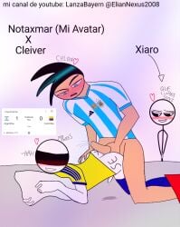 1girl 2boys cleiver female gay hispanic_virtual_youtuber notaxmar_lanzabayern penetration say_gex spanish_text xiaro youtuber