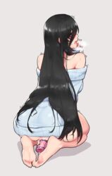 anus ass bar_censor bare_shoulders barefoot black_eyes black_hair blue_sweater bottomless breath censored clothing dildo feet female full_body fully_clothed hair_between_eyes highres kneeling long_hair masturbation mimyo naked_sweater no_panties object_insertion off-shoulder_sweater off_shoulder open_mouth original pussy pussy_juice ribbed_sweater seiza sitting soles sweat sweater vaginal_object_insertion vaginal_penetration very_long_hair wavy_mouth