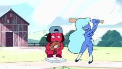 baseball baseball_bat baseball_cap baseball_glove baseball_uniform big_hair blue_skin blue_skinned_female breasts cartoon_network crouching crouching_female edit female female_focus female_only gem_(species) long_hair naked nipples nude nude_female red_skin red_skinned_female renajon ruby_(steven_universe) sapphire_(steven_universe) screenshot screenshot_edit shoes_only steven_universe vagina