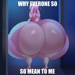 anthro ass big_butt butt_heart deliciousq fur hair hi_res huge_butt hyper hyper_butt lagomorph leporid long_ears male mallow_(dragon_chem) mammal markings meme pink_body pink_ears pink_fur pink_hair rabbit short_tail solo tail text white_markings