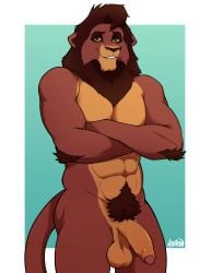 2024 abs absurd_res anthro anthrofied arm_hair artejaxton balls biceps big_balls big_muscles big_penis blue_background body_hair border crossed_arms disney eyebrows felid foreskin fur genitals glans half-erect happy_trail hi_res humanoid_genitalia humanoid_penis kovu lion looking_at_viewer male mammal mane muscular muscular_anthro muscular_male navel nude pantherine pecs penis pubes saggy_balls signature simple_background smile solo solo_male standing the_lion_king the_lion_king_ii:_simba's_pride thick_penis tuft unretracted_foreskin vein white_border