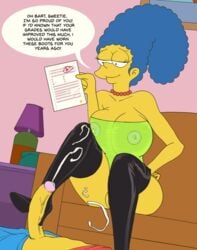 alternate_breast_size bart_simpson big_breasts bimbo bootjob boots breasts cleavage english feet femdom femdom_caption foot footjob heeljob incest issue_69 large_breasts latex_boots marge_simpson milf mother penis see-through shoejob text the_simpsons thigh_boots thighhighs