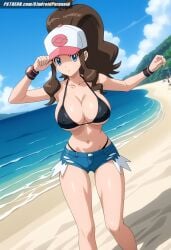 ai_generated aindroidparanoid baseball_cap beach big_breasts bikini blue_eyes breasts brown_hair cap cleavage covered_nipples denim_shorts hat hilda_(pokemon) hips huge_breasts large_breasts long_hair massive_breasts narrow_waist navel nipples outdoors pokemon pokemon_(species) pokemon_bw pokemon_trainer ponytail short_hair slim_waist stable_diffusion taller_girl thick_thighs tight_clothing voluptuous watch wavy_hair wide_hips