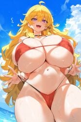 1girls ai_generated beach big_breasts bikini blonde_hair breasts enormous_breasts female female_focus huge_breasts large_breasts light-skinned_female purple_eyes rwby thick_thighs thighs yang_xiao_long