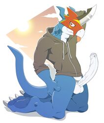 1boy anti_dev balls big_penis blade bottomless claws clothed clothing digimon digimon_(species) erection flamedramon fur furry furry_only hoodie humanoid_penis looking_at_viewer male male_only navel penis solo sun tongue tongue_out vein veiny_penis white_penis