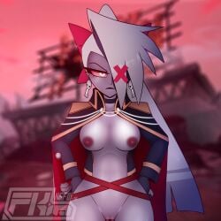 1girls 2024 black_lips bow breasts cape choker demon demon_girl earrings erect_nipples eyepatch fingerless_gloves fkimnsfw frown grey_skin hazbin_hotel long_hair looking_at_viewer nipples pussy red_eyes solo vaggie_(hazbin_hotel) white_hair