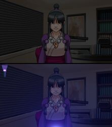 1girls accurate_art_style bangs black_hair black_hair_female blacklight clothed_female cum cum_marking cum_on_chest cum_on_clothes cum_on_face cum_on_hair cum_on_neck cum_stain cum_stains dark_room dried_cum female flashlight_beam game_cg game_screenshot girl gyakuten_saiban illuminated kimono maya_fey mod necklace office pinkmochidango smiling topknot ultraviolet_light uv_light