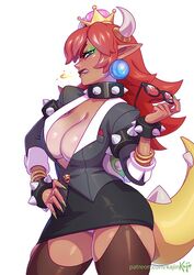 1girls big_breasts bimbo blue_eyes bowsette bracelet breasts business_suit busty cleavage dark-skinned_female dark_skin dress female female_only fire_breath garter_straps ginger glasses horns hourglass_figure kajinman large_breasts looking_at_viewer mario_(series) miniskirt monster_girl nail_polish new_super_mario_bros._u_deluxe nintendo no_bra office_lady panties pointy_ears red_bowsette red_hair redhead rule_63 sharp_teeth solo spiked_armlet spiked_braclet spiked_collar spiked_shell spiked_tail super_crown tail text thick_thighs thighhighs upskirt url voluptuous watermark wide_hips