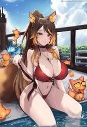 animal_ears bikini black_choker breasts brown_hair choker city female fiery_ears high_ponytail highleg highleg_bikini highres indie_virtual_youtuber jewelry large_breasts long_hair looking_at_viewer multicolored_hair navel orange_eyes orange_hair outdoors pendant pool red_bikini sinder_(vtuber) sitting smile solo streaked_hair swimsuit tail vicarious virtual_youtuber water wolf_ears wolf_girl wolf_tail