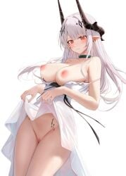 arknights breasts censored choker clothes_lift commentary dress duplicate green_choker highres horns light_blush long_hair mudrock_(arknights) nipples no_panties paid_reward_available pixel-perfect_duplicate pointy_ears pussy red_eyes ru_zhai skirt skirt_lift white_dress white_hair