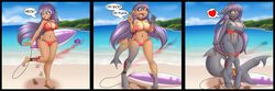 :3 anthro beach breasts female fish genitals hair heart long_hair marine non-mammal_breasts purple_hair pussy scramjet747 seaside shark solo solo_focus tail transformation wounded yellow_eyes