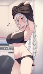 armpits arms_up black_bra black_panties blue_eyes blurry blurry_background blush bra braid breasts commentary_request cowboy_shot female grey_hair hair_ornament highres kizuna_akari large_breasts long_hair long_sleeves musical_note o3o panties parted_lips shun_(b.c) solo standing stomach twin_braids underwear underwear_only undressing very_long_hair vocaloid voiceroid washing_machine whistling