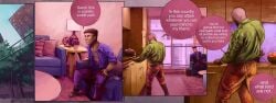 apartment apartment_building black black_body black_guy carpet carpet_floor carpeted_floor chatting city city_background city_lights city_skyline cityscape comic comic_page comic_panel couch couch_sitting couch_spread cupboard english english_description english_dialogue english_subtitles english_text green green_clothing jugganaut_freak lamp lamp_light lampshade missjugg orange pillow pillows purple purple_clothes seated sofa student_life table tree tree_branch trees windows