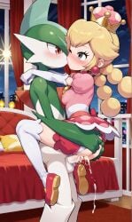 ai_generated blonde_hair carrying_partner carrying_position crown gallade kissing lipstick nintendo peachette pokemon vaginal_penetration