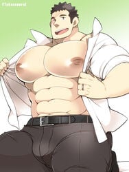 abs bara bara_tiddies bara_tits big_breasts big_chest big_nipples big_pecs black_hair brown_eyes bulge busty clothed gigantic_chest gigantic_pecs huge_chest huge_pecs large_pectorals light_skin looking_at_viewer male male_only man_boobs man_breasts massive_chest massive_pecs moobs muscular nipple_holes nipple_slits nipples pecs presenting_breasts puffy_nipples shiny_skin smile solo stubble suggestive takezamurai thick_thighs wedding_ring yaoi