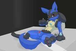 1boy 2019 3_fingers 3_toes animal_genitalia anthro bed blue_fur canid canine fur looking_at_viewer lucario male male_only mammal nintendo penis pokemon pokemon_(species) precum red_eyes sheath smile solo spread_legs spreading toes video_games vswitch