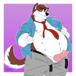 animal_genitalia animal_penis anthro belt canid canine canine_penis canis clothed clothing domestic_dog duly_noted erection knot looking_at_viewer male male_only mammal necktie nipples open_shirt overweight overweight_male penis smile solo standing teats