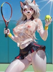 ai_generated ball big_breasts bodily_fluids bottomwear breasts camel_toe cameltoe clothed clothing female helluva_boss hi_res loona_(helluva_boss) miniskirt pussy red_sclera skirt smile sweat sweatband teeth tennis_ball tennis_racket translucent translucent_clothing wet wet_clothing white_eyes