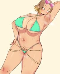 1girls areola_slip arm_behind_head armpits belly_chain bikini breasts brown_hair cham22 chamchami cosplay cowboy_shot criss-cross_halter dark-skinned_female eyewear_on_head female fog green_bikini gyaru halterneck heart heart-shaped_eyewear highres huge_breasts jewelry kasamaru_aoi large_breasts medium_hair navel necklace o-ring pink-tinted_eyewear ruri_no_houseki ruri_rocks solo solo_female solo_focus steaming_body sunglasses sweat swimsuit tinted_eyewear yellow_eyes