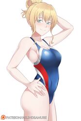 1girls aslindsamure asobi_asobase bangs blonde_hair blue_eyes breasts cleavage closed_mouth collarbone competition_swimsuit cowboy_shot female hair_between_eyes highres large_breasts long_hair olivia_(asobi_asobase) one-piece_swimsuit patreon_logo smile solo standing swimsuit white_background