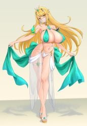 1girls amber_eyes belly_dancer belly_dancer_outfit blonde_hair circlet feichu_keju harem_girl harem_outfit high_heels huge_breasts long_hair looking_at_viewer mythra mythra_(xenoblade) veil voluptuous xenoblade_(series) xenoblade_chronicles_2