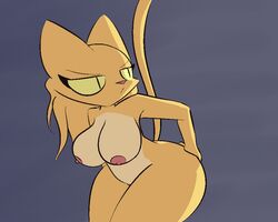 anthro big_breasts breasts darayajonjet felid feline female fur hair hand_on_butt khajiit mammal nipples nude pink_nose prequel pussy rajirra simple_background the_elder_scrolls video_games yellow_fur yellow_sclera