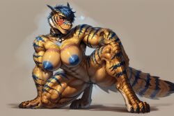 1girls ai_generated blue_eyes blue_hair collar digitigrade female flying_wyvern monster_girl monster_hunter muscular muscular_female original_character scorpianpp self_upload short_hair solo_female stable_diffusion tigrex voskira_(scorpianpp) yellow_scales