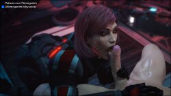 1girls 3d armor bioware female femshep galaxy glowing_eyes helmet indoors licking licking_penis light-skinned_female light_skin looking_at_partner male mass_effect mug oral oral_sex penis red_eyes red_hair renegade_shepard scar table tomoganim veiny_penis window