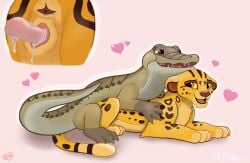 alco_(alcosaurusrex) alcosaurusrex bodily_fluids cheetah crocodile crocodilian cum digital_media_(artwork) disney duo erection felid feline female female_penetrated feral fur genital_fluids genitals happy hi_res male male/female male_penetrating male_penetrating_female mammal nude open_mouth pantherine penetration penile penis pussy reptile scalie sex simple_background smile tail the_lion_king tongue vaginal_penetration vulva