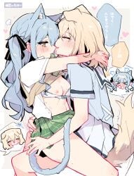 >_< 2girls animal_ears bang_dream! bang_dream!_it's_mygo!!!!! blonde_hair blue_hair blue_shirt breasts brown_sweater_vest cat_ears cat_girl cat_tail chinese_commentary closed_eyes commentary_request dog_ears dog_girl dog_tail green_skirt hanasakigawa_school_uniform highres implied_sex kemonomimi_mode kyou_039 long_hair medium_breasts medium_hair misumi_uika multiple_girls nipples open_clothes open_mouth open_shirt plaid_clothes plaid_skirt pleated_skirt pussy_juice pussy_juice_on_fingers sailor_collar school_uniform serafuku shirt short_sleeves skirt straddling sweater_vest tail togawa_sakiko translation_request upright_straddle white_sailor_collar white_skirt yellow_eyes yuri