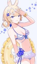animal_ears artist_request bare_shoulders bikini bikini_skirt blonde_hair blue_eyes breasts cleavage closed_mouth collarbone diagonal_stripes female flower front-tie_top hair_ornament halterneck looking_at_viewer medium_breasts navel solo striped striped_background striped_bikini swimsuit v vertical_stripes vyugen yenko