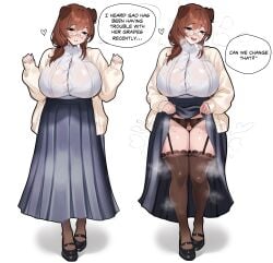 absurdres adramallih animal_ears black_eyes black_garter_straps black_panties black_shoes black_thighhighs blue_shirt body_freckles bra bra_visible_through_clothes breasts brown_hair buttons cardigan cleft_of_venus clothes_lift commentary crotchless crotchless_panties dog_ears dog_girl double-parted_bangs english_commentary english_text female female_pubic_hair flashing freckles full_body garter_straps glasses hands_up heart heavy_breathing highres huge_breasts long_hair long_sleeves looking_at_viewer mole mole_under_mouth multiple_views oerba_yun_fang open_cardigan open_clothes open_mouth original panties parted_lips pubic_hair pussy see-through_clothes see-through_shirt shirt shoes simple_background skirt skirt_lift smile speech_bubble standing steam steaming_body sweat talking thigh_freckles thighhighs tight_clothes tight_shirt underwear white_background white_bra white_cardigan white_shirt