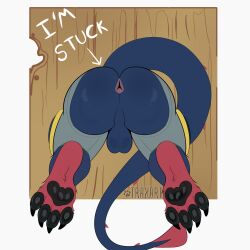 absurd_res anus armor ass backsack balls ballsack blue_body blue_fur canid canine claws fox_becket fur genitals hi_res machine male male_focus male_only mammal pawpads protogen red_body red_fur solo tail through_wall traxart