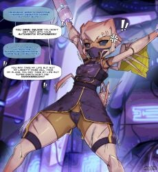 1boy 1girls alien angry bug_girl captured comic comic_page comic_panel cuts damaged_clothes defeated dialogue english_text female green_skin helldivers illuminate_(helldivers) imminent_rape male mouth_mask offscreen_male restrained roadiesky tagme terminid text thick_thighs yelling