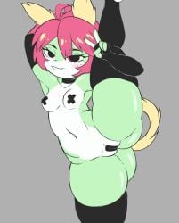 absurd_res anthro biped blush breasts clothed clothing darboo darbooart eyebrows eyelashes female genitals hair hi_res legwear looking_at_viewer maebari pupils pussy scalie simple_background smile solo thick_thighs thigh_highs vulva