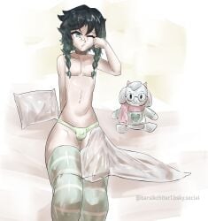 1boy big_thighs blanket collar crossdressing cute_male eyelashes femboy genshin_impact long_hair on_bed one_eye_closed penis penis_in_panties pillow plushie simple_background sitting sleepy thick_thighs thighhighs venti_(genshin_impact)