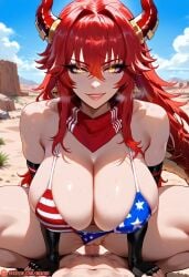 1boy 1boy1girl ai_generated big_breasts bikini breasts close-up cowgirl_position curvaceous curvy dragon_girl female horn long_hair male mature_female milf mixoai naughty_face patreon pov red_hair riding rough_sex sex straight thicc voluptuous vtuber yellow_eyes zentreya zentreya_(cowboy_bikini)