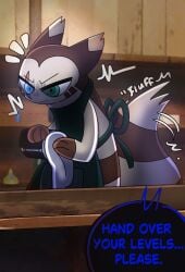 absurd_res apron apron_only blind_eye clothing comic dialogue eye_scar facial_scar fan_character furret green_eyes halfpricesouls hi_res interspecies male mustelid musteline nintendo pokemon pokemon_(species) scar scared