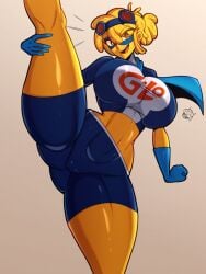 breasts cape cartoon_network cartoon_network_latin_america_original_productions clothed clothed_female female female_only fit_female g-lo_(villainous) gloves goggles goggles_on_head good_girl heroine large_breasts lifting_leg looking_at_viewer showing_off slime_girl smile smile_at_viewer smiling smiling_at_viewer split splits splits_position standing_on_one_leg superheroine thick_thighs tr_yithaz villainous yellow_body yellow_eyes yellow_hair