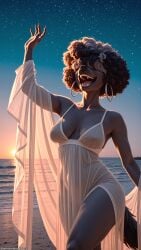 absurd_res ai_generated anthro beach breast_squish breasts canid canid_demon canine canis cleavage clothed clothing covered_eyes curvaceous curvy_figure demon detailed domestic_dog dress ear_piercing ear_ring erect_nipples esme_(helluva_boss) fat_rolls female fur gigi_(helluva_boss) grey_body grey_fur hair hair_over_eyes head_turned hellhound helluva_boss hi_res laughing looking_away mammal nipple_outline nipples nose obscured_eyes open_mouth photorealism piercing ring_piercing sagging_breasts sand sea seaside shaded side_boob smile soft_shading solo squish sunset tail teeth tongue voluptuous water