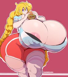 1girls 2019 areola_slip blonde_hair borrowed_character braided_hair breasts cassie_(theycallhimcake) cleavage curvaceous curvy dullahan female female_focus food gigantic_breasts hamburger hips huge_breasts hyper hyper_breasts looking_at_viewer nipple_slip shoes solo solo_female solo_focus thick_thighs thighs top_heavy twin_braids twintails vhsdaii voluptuous wide_hips