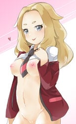 1girls abs akihara_nakuru areolae belly blonde_hair blue_eyes blush breasts coat eye_contact eyelashes female female_focus female_only hairless_pussy heart human human_only lass_(pokemon) lass_(pokemon_ss) long_hair looking_at_viewer mostly_nude navel necktie nintendo nipples npc_trainer pink_background pokemon pokemon_ss shaved_pussy shirt shirt_lift small_breasts smile solo solo_focus standing