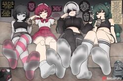 4girls dialogue dirty_socks dirty_talk doll_joints dorothy_haze english_text feet feet_in_camera female findom foot_fetish foot_focus foot_play nier:_automata owned qingyi_(zenless_zone_zero) robot robot_girl sachifufu socks sweat sweaty_feet teasing teasing_viewer text va-11_hall-a white_socks zenless_zone_zero